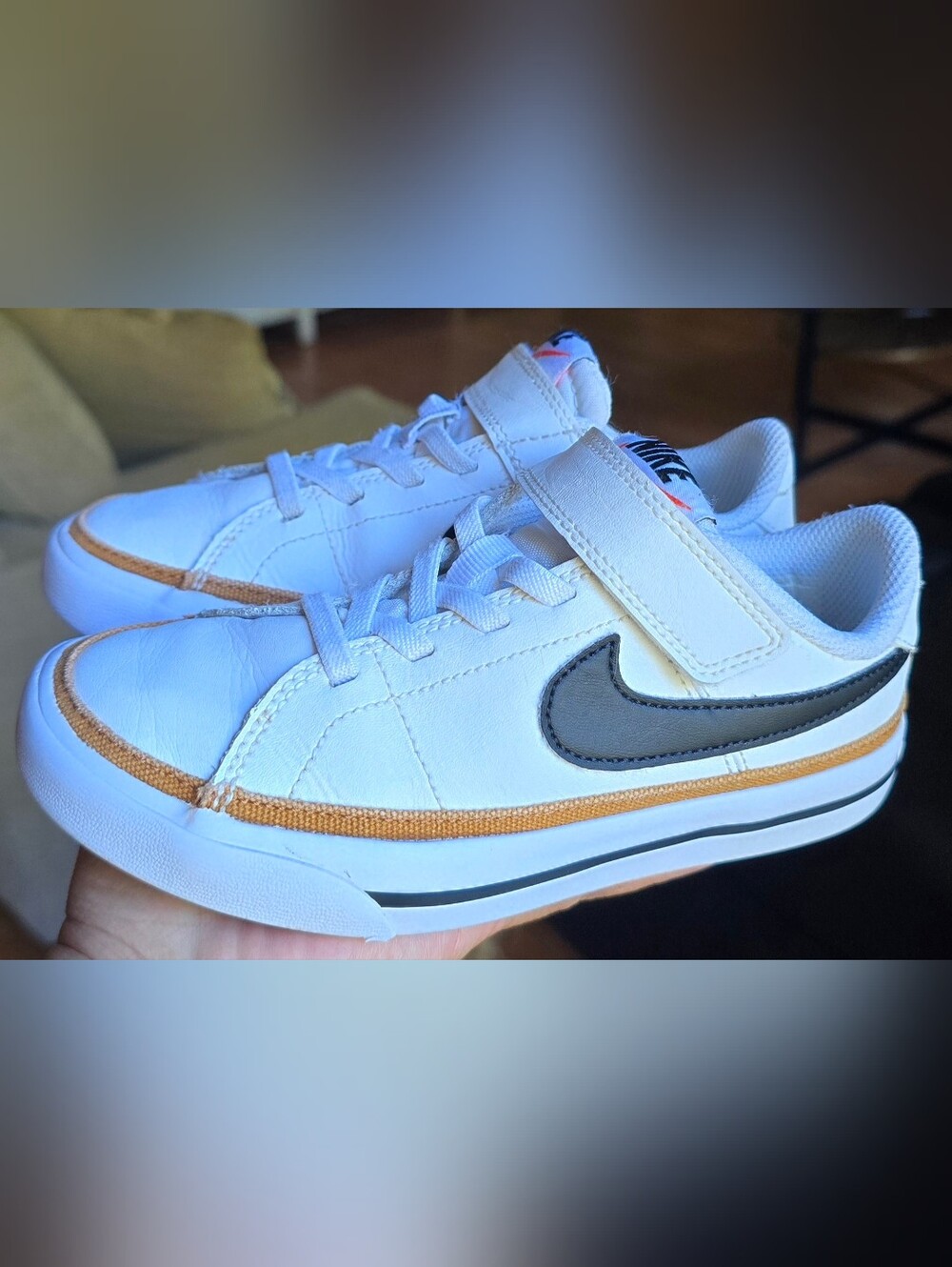 Toddler Kids Sz 12C NIKE COURT LEGACY 'White/Black/Dessert Ochre' Bungee Lace/Ad